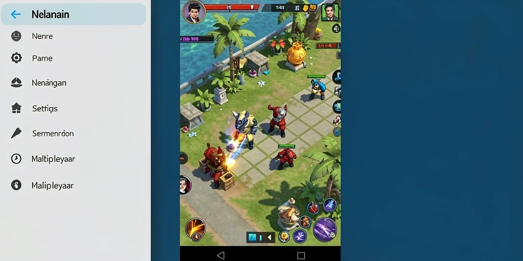 Screenshot 1 menampilkan karakter utama siap untuk berpetualang.